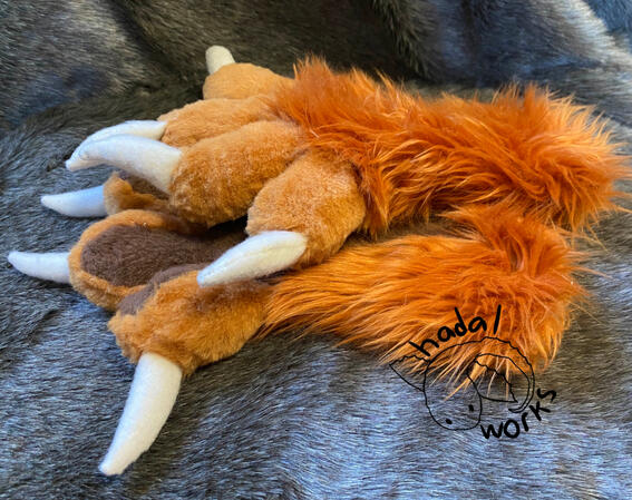 Orange hand paws with white claws laying palm to palm against a gray fur background.